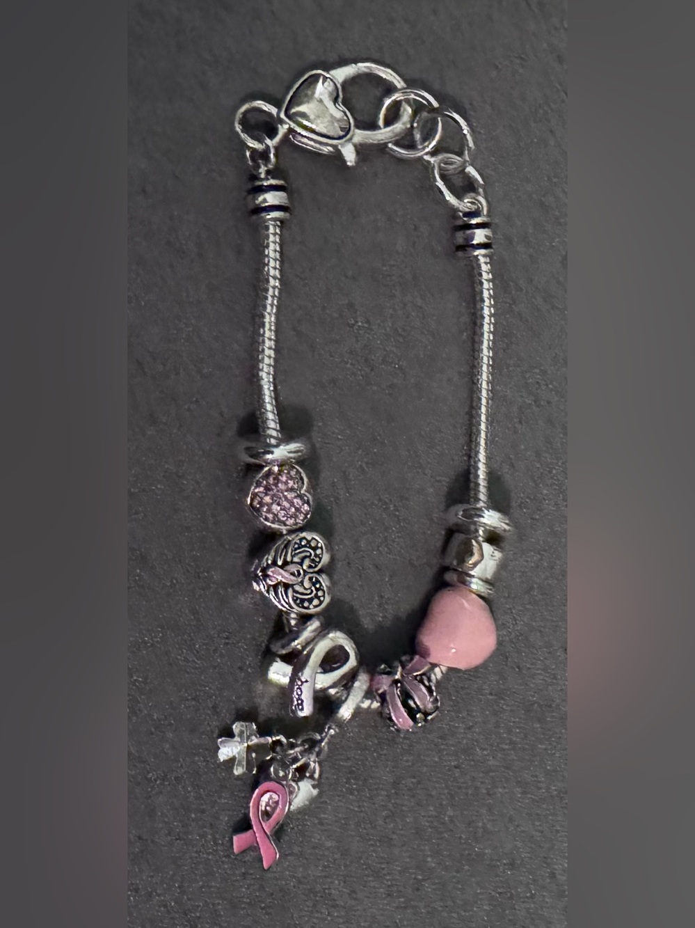 Silver Tone Charm Bracelet with Pink Accents - Breast Cancer Awareness
